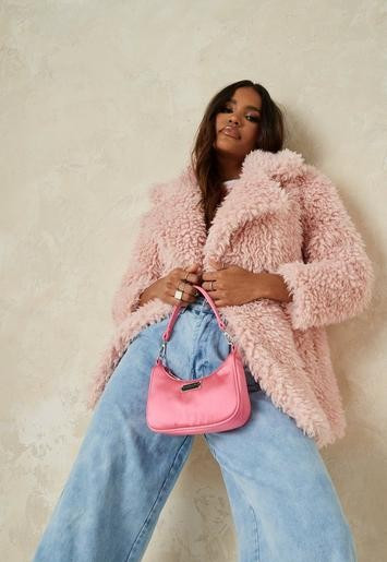 Pink Curly Borg Teddy Coat | Missguided (US & CA)