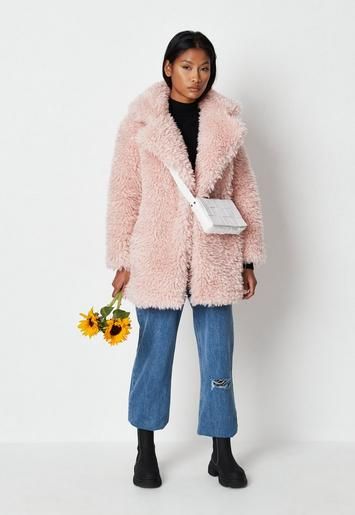 Pink Curly Borg Teddy Coat | Missguided (US & CA)