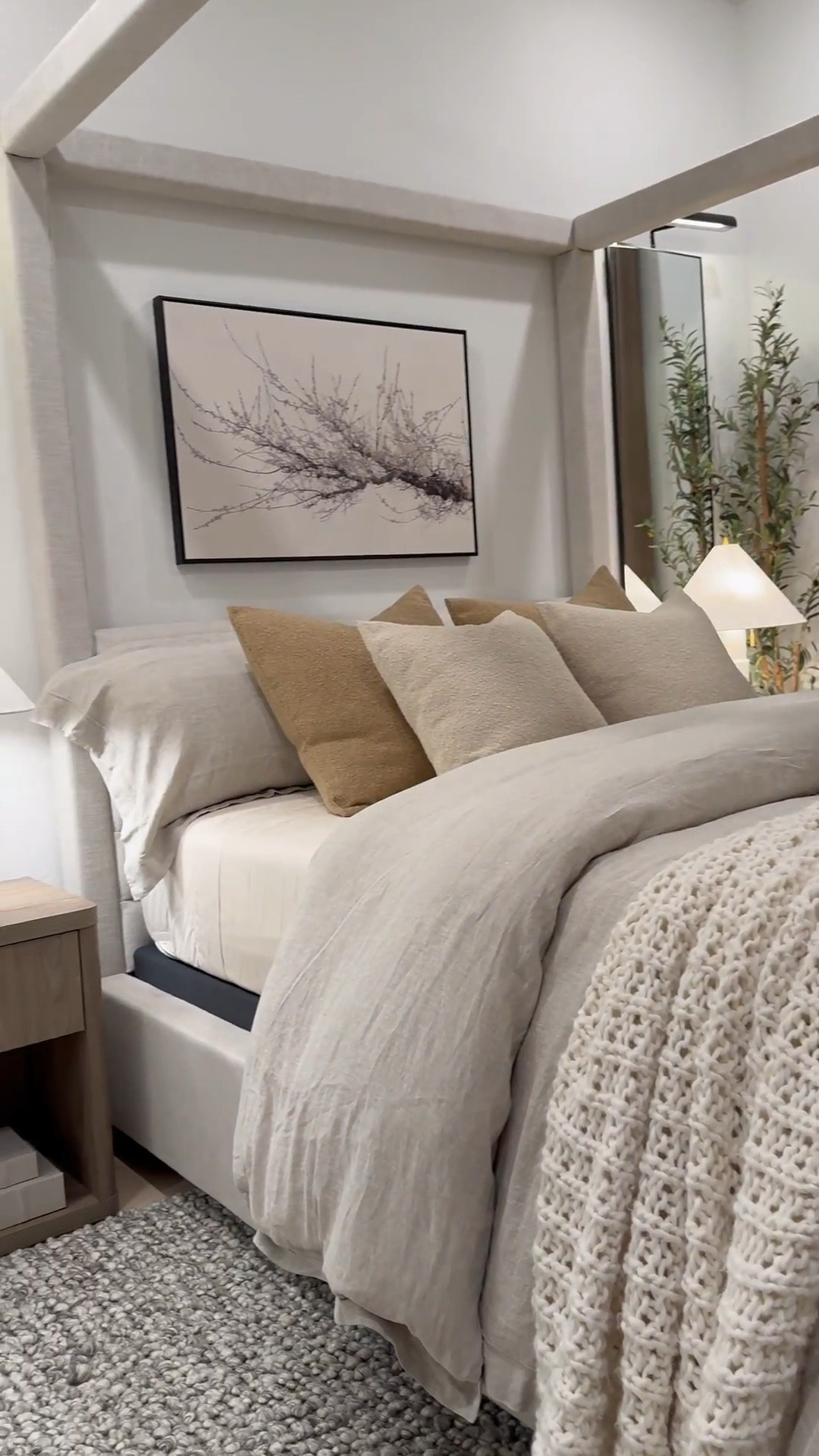 Finally found the perfect neutral art piece for this room. It measures. 36x24" …. Brown Pillows are 24x24" with 26x26" down inserts. Wheat color pillows are 20x20" with 22x22" down inserts 


Measurements: 

Bed: Queen 

Duvet: King size - I inserted 2 King sized down inserts to give the bed a fuller look. Sheets & pillows are Queen sized 

Mirrors - 58" H x 18" W……mirrors will make your space feel larger as well as reflect light to other parts of the room! 

Drapes: Color Cafe Brown … Size 40"W x 108" W 

I used two duvet inserts to create that fluffy look.. 

Bed size is a Queen and the duvet+inserts are King size. I like sizing up on bedding bc it gives more fabric to work with especially if you want your bed to look full around! 😊

I used the “small table lamp” (linked) to create the glow effect behind the planter. I recommend  warm white light bulbs. 😊#LTKStyleTip 

#LTKSaleAlert #LTKHome