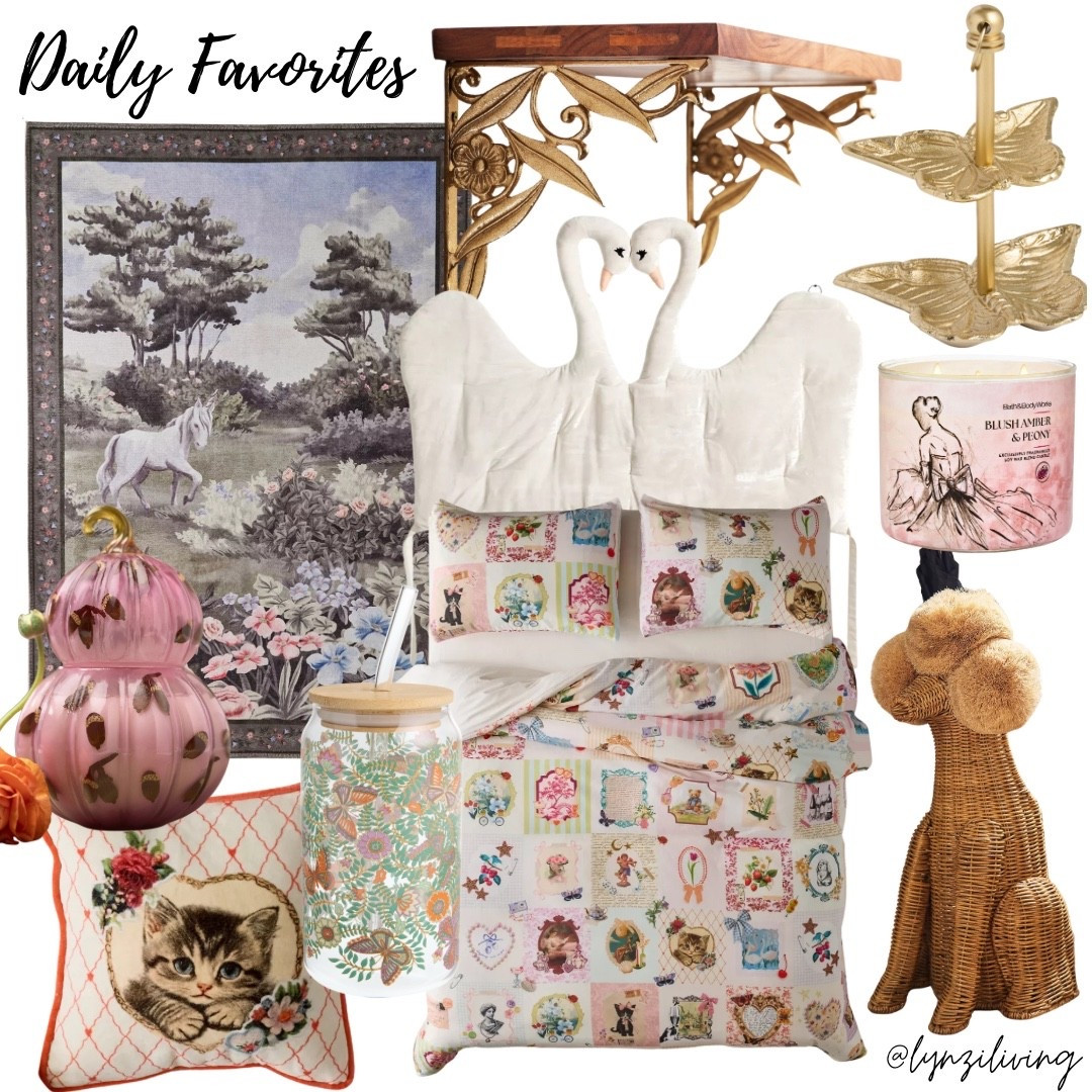Daily Favorites 

Summer decor 2025, summer decorations 2025, summer home decor 2025, unicorn area rug, washable area rug, whimsical home decor, dopamine decor, pink pumpkin candle, catnthrow pillow, cat bedding, cat duvet set, cute
duvet set, butterfly coffee glass, floral
coffee glass, poodle wicker basket, swan
headboard, gold shelf brackets, floral shelf brackets, butterfly jewelry tray, gold
jewelry tray, ballerina candle, floral candle

#LTKFindsUnder100 #LTKHome #LTKSeasonal