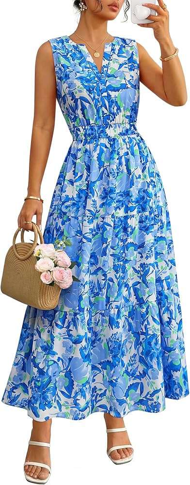 ZESICA Women's Summer Boho Floral Sleeveless Midi Dress 2026 V Neck Elastic High Waist Flowy Casu... | Amazon (US)