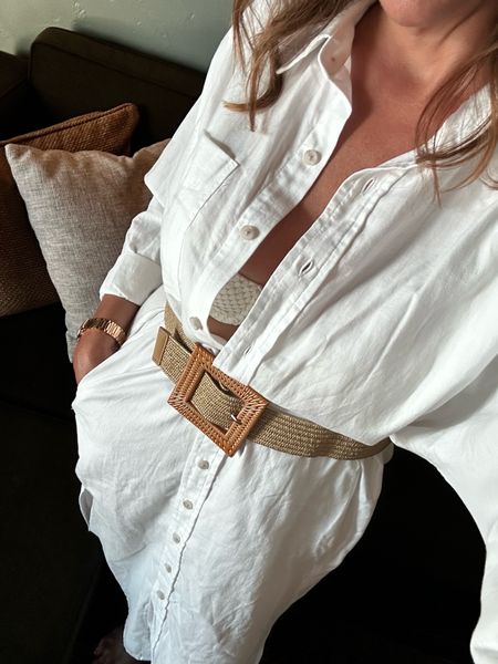 Accessories make the outfit! So add the belt, hat, summer earrings, and make that white button up dress feel like your on vacation. 