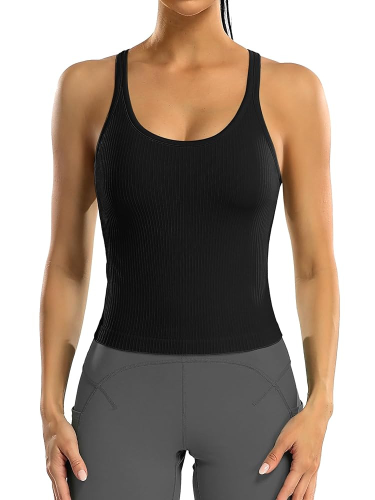 ATTRACO Women Ribbed Workout Crop Tops with Built in Bra Yoga Racerback Tank Top Tight Fit | Amazon (US)