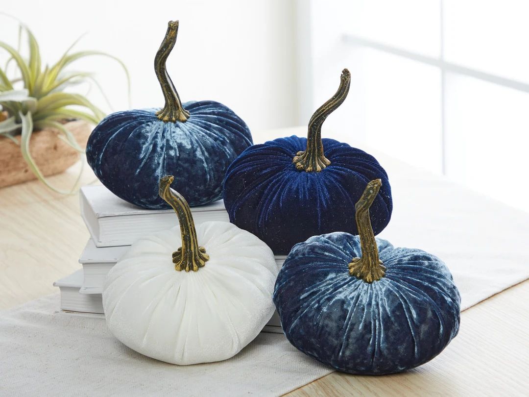 SMALL Velvet Pumpkins Set of 4, Indigo Blue Decor, Gift Our Little Pumpkin Baby Shower Decoration... | Etsy (US)