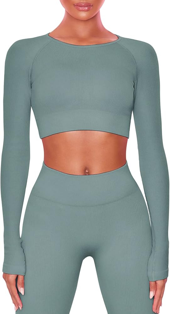 Buttergene Women Workout Sets 2 Pieces Long Sleeve Yoga Outfits Gym Clothes Seamless Ribbed Crop ... | Amazon (US)