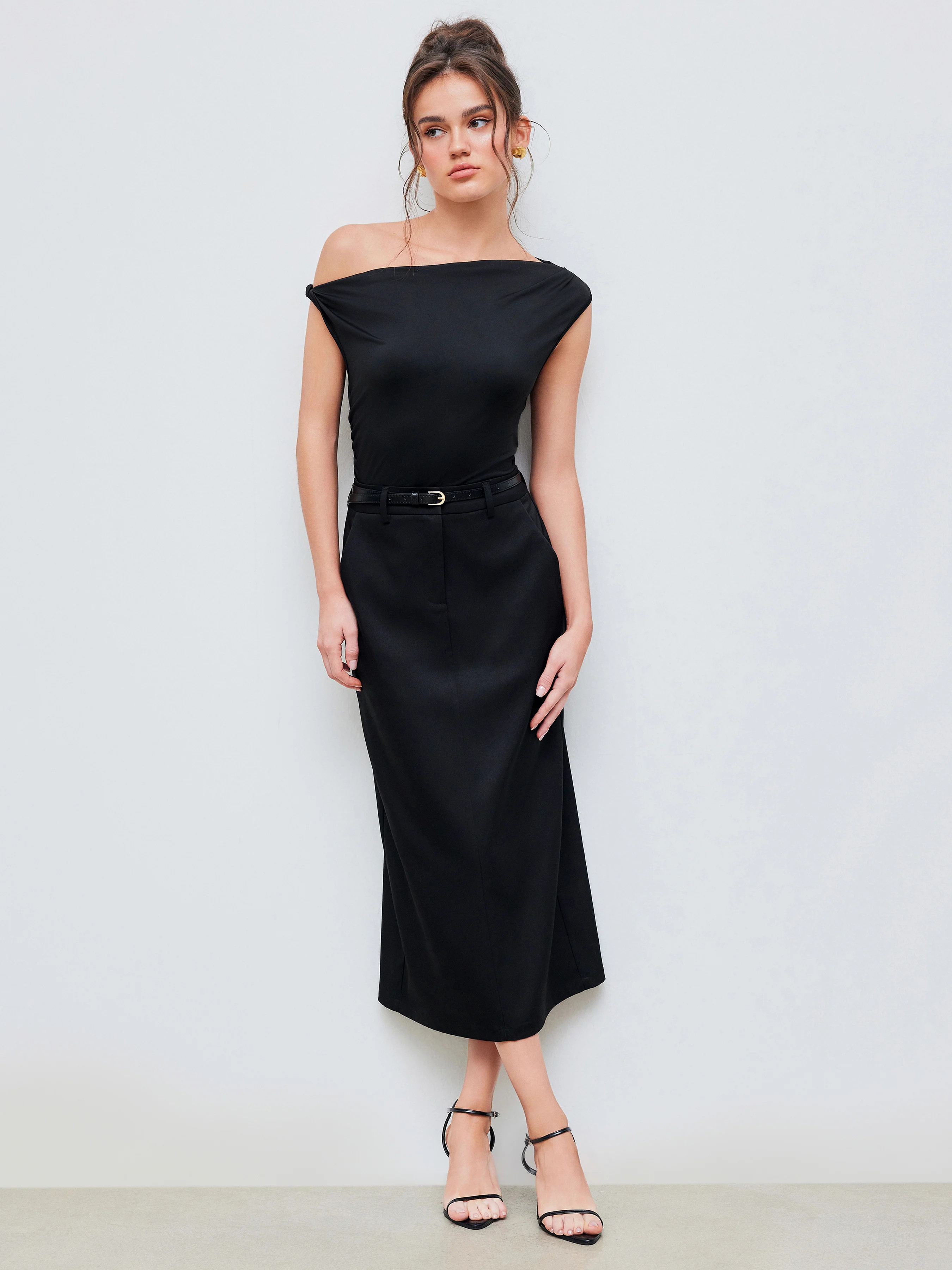 Woven Asymmetrical Neck Ruched Tank Top With Mid Rise Solid Maxi Skirt With Belt  For Daily Casua... | Cider
