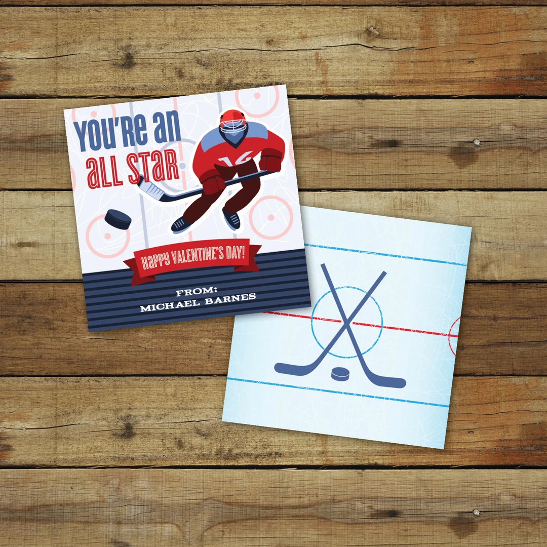 Printable hockey Valentine's Day Card, custom all star sports valentine, classroom valentines for... | Etsy (US)