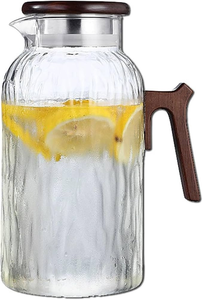 Glass Water Pitcher with Wooden Lid and Handle, Glass Carafe for Hot/Cold Water, Large Iced Tea P... | Amazon (US)