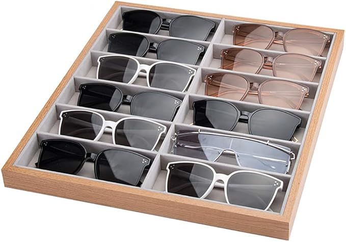 Homeanda 12 Grids Wood Frame Grey Velvet Glasses Case Eyeglass Organizer Sun Glasses Holder Eyewe... | Amazon (US)
