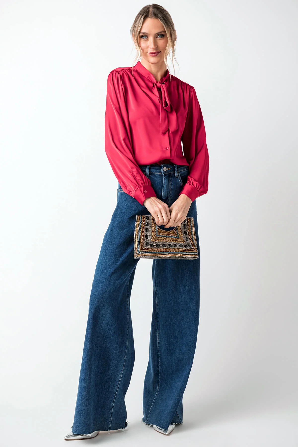 Skies Are Blue Tie Neck Shoulder Shirring Blouse | Social Threads