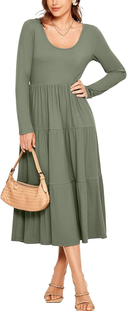 Glamaker Women's Long Sleeve Fall Dress Casual Swing Maxi Dress Tiered Midi Dress with Pockets 20... | Amazon (US)