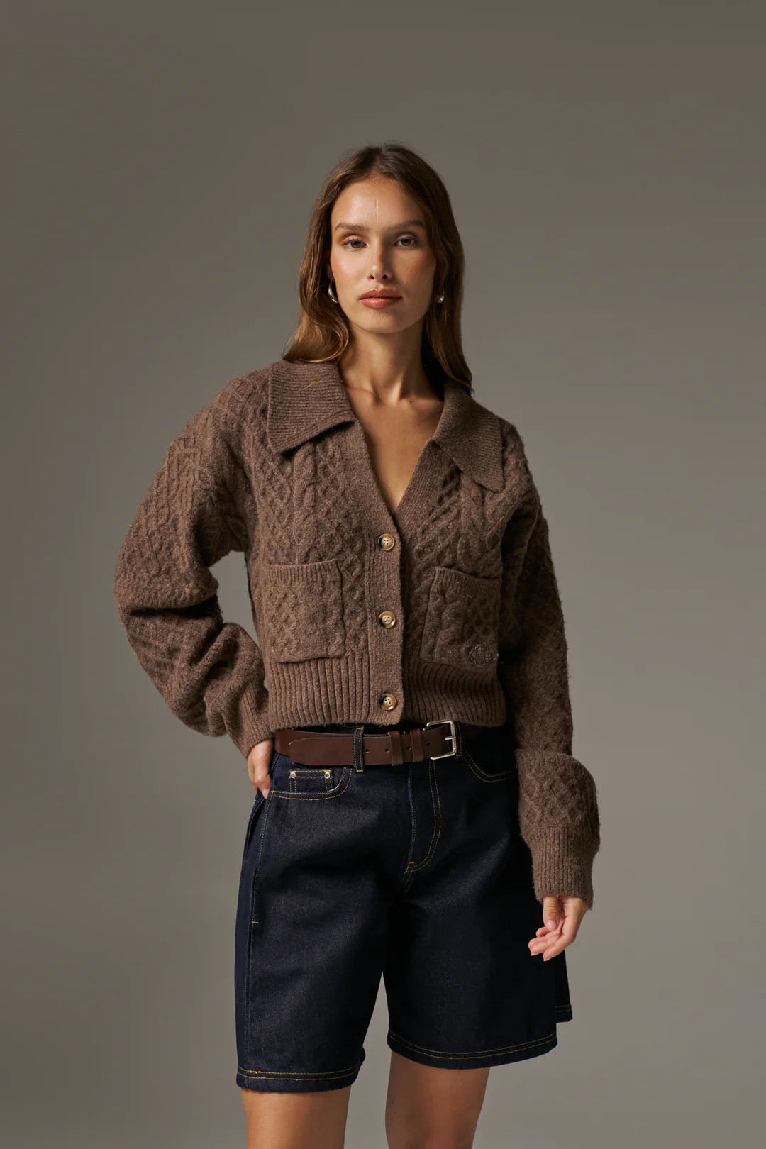 CABLE KNIT CARDIGAN - BROWN | The Couture Club