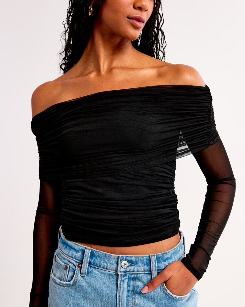 Women's Long-Sleeve Off-The-Shoulder Mesh Top | Women's Tops | Abercrombie.com | Abercrombie & Fitch (US)