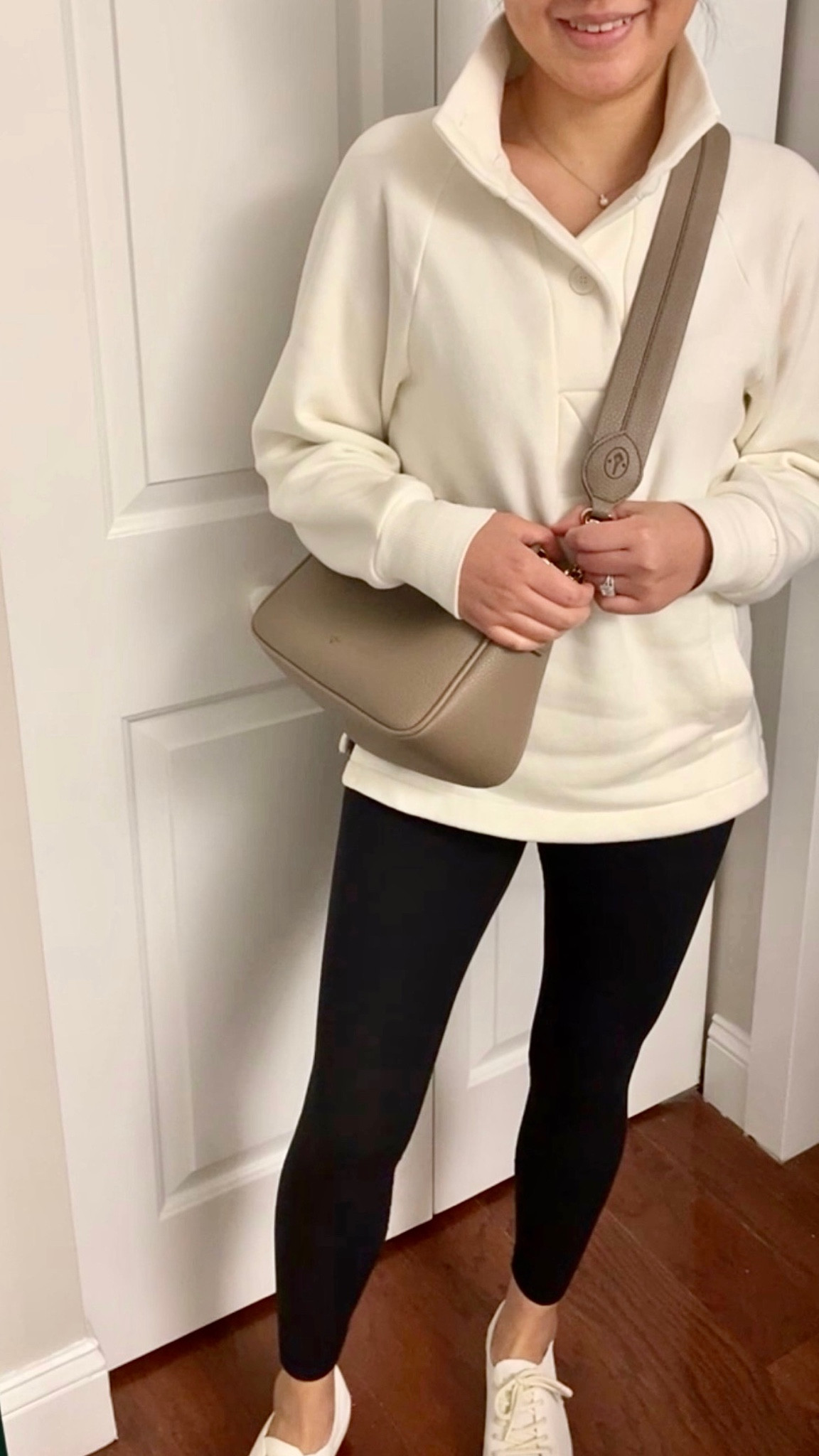 Comfy pullover (xs), Angela Roi Grace top handle bag in mud gray and favorite leggings (trying and liking XXS for more compression than XS). 

#LTKSeasonal #LTKunder50 #LTKunder100