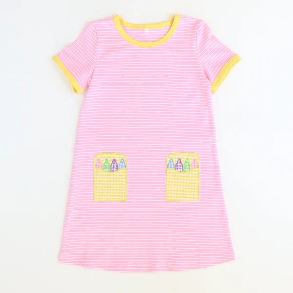 Appliquéd Crayons Dress - Pink Stripe Knit | Southern Smocked Co.