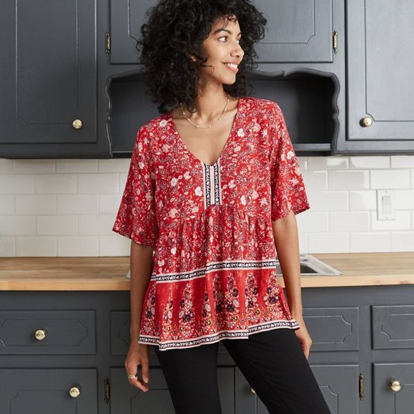 Women's Paisley Print Short Sleeve Blouse - Knox Rose™ Red | Target