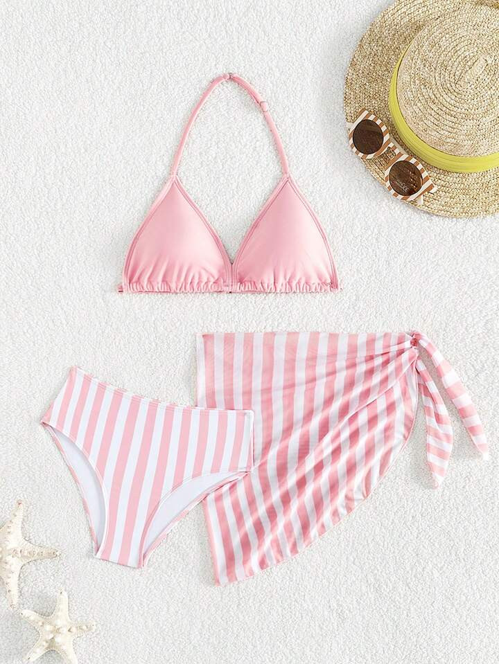 3pcs/Set Cute Striped Bikini Swimwear Set For Tween Girls | SHEIN USA | SHEIN