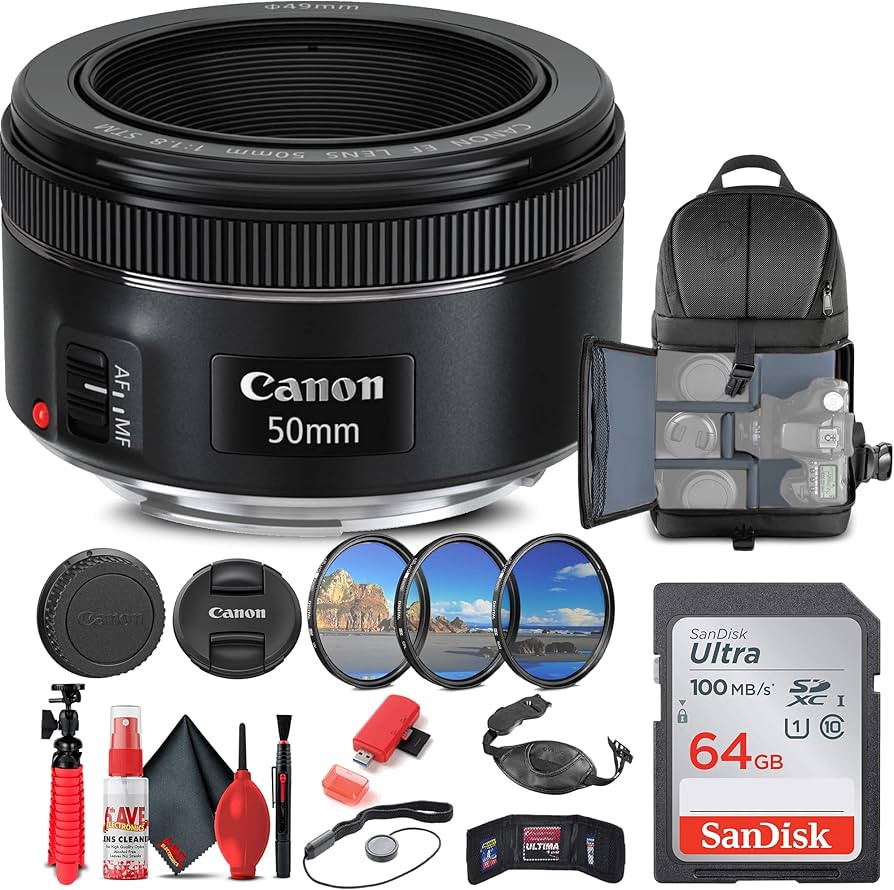 Canon EF 50mm f/1.8 STM Lens (0570C002) + Filter Kit + Backpack + 64GB Card + Card Reader + Flex ... | Amazon (CA)