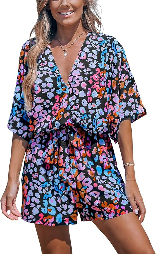 CUPSHE Summer Rompers for Women 2026 V Neck Beach Outfits | Half Batwing Sleeve, Loose Fit, Belte... | Amazon (US)