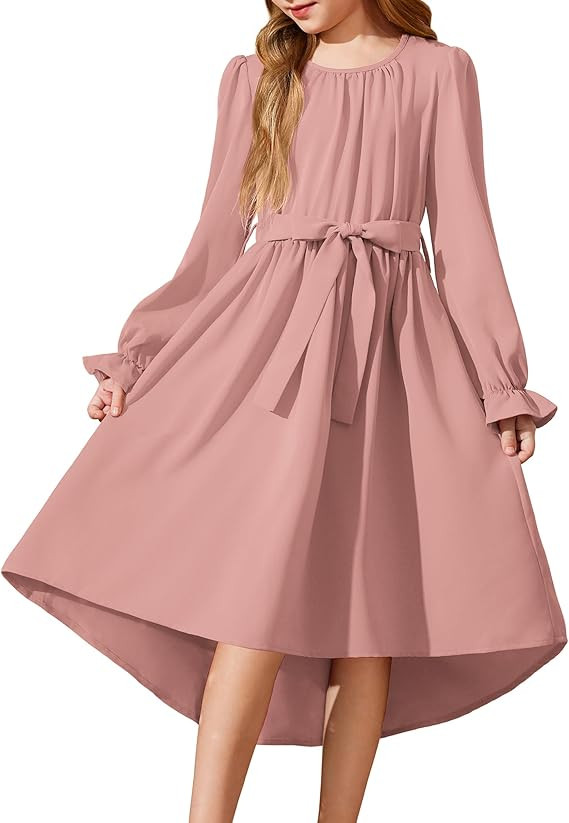 Arshiner Girls Long Sleeve Dress Fashion High Low Flowy Swing Semi Formal Party Dresses with Belt | Amazon (US)