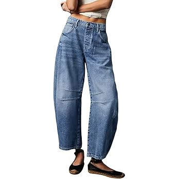 Womens Stretchy Mid Rise Barrel Jeans Vintage Loose Wide Leg Cropped Denim Pants Y2k Baggy Boyfri... | Amazon (US)