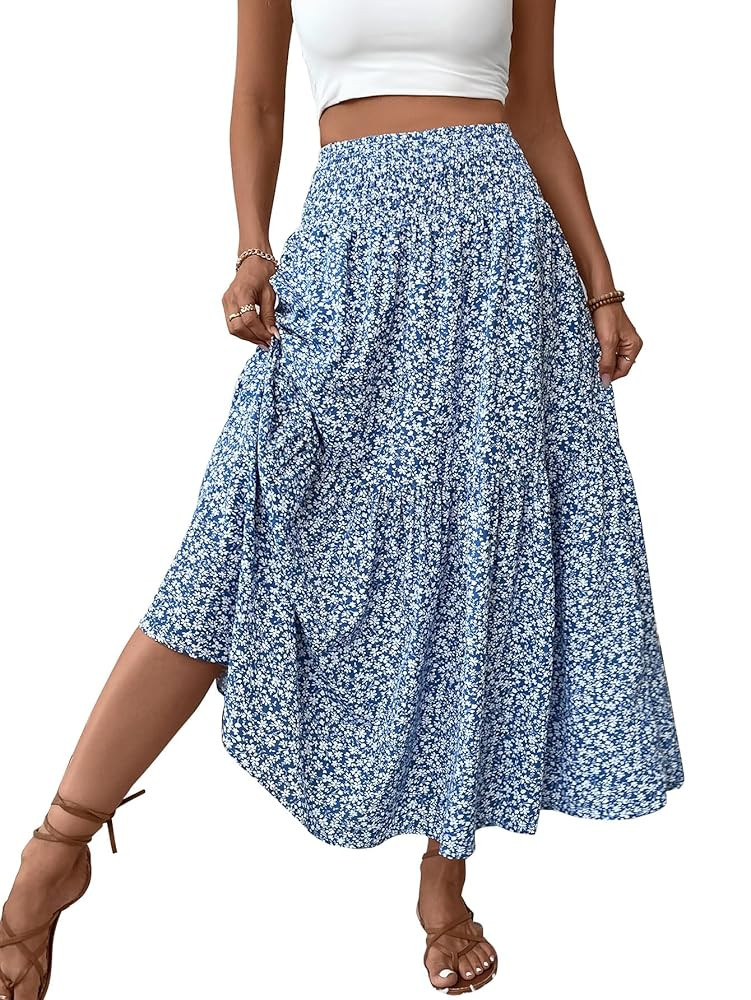 Women's Smocked High Waist Maxi Skirt Casual Boho Long Skirts with Pockets | Amazon (US)