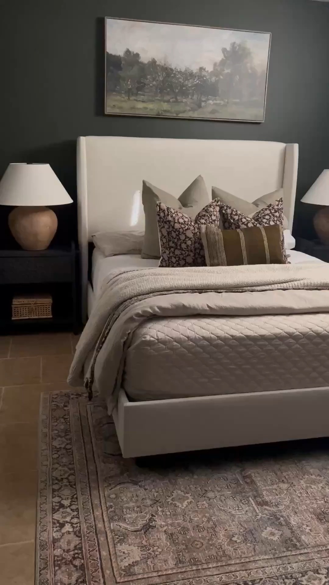 Moody bedroom decor! Tilly bed in Classic Talc Linen! Bedding, bedroom rug, home decor #bedroom