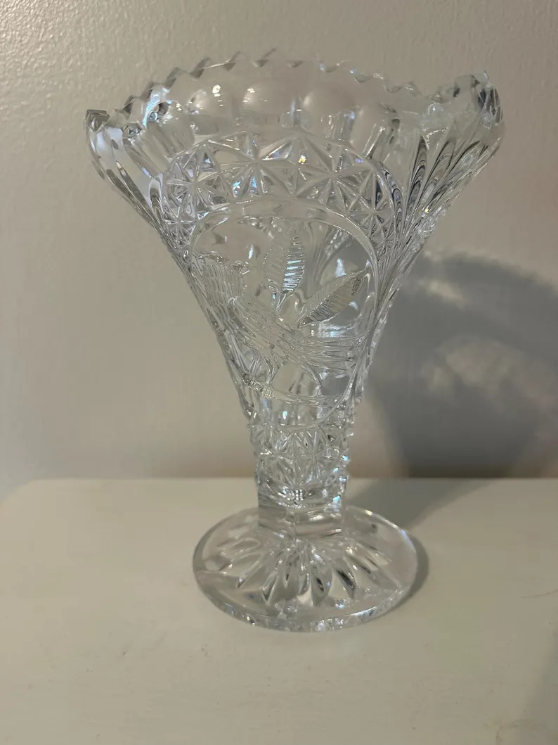 Vintage Crystal Vase with Birds | Etsy (Global)