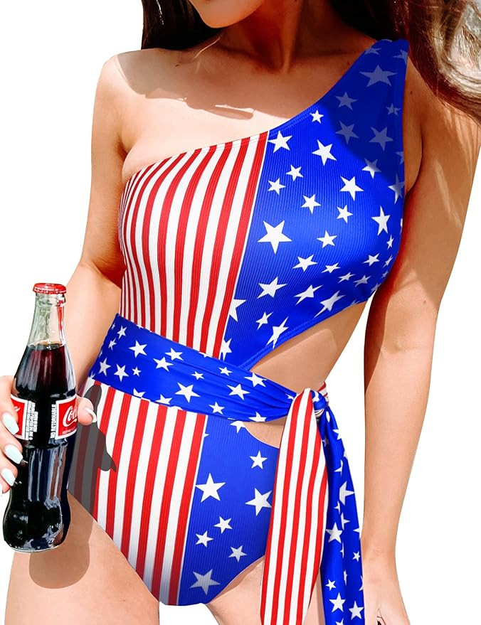 One Piece Bathing Suit for Women One Shoulder Cut Out Swimsuit Ribbed Color Block Monokini Tie Si... | Amazon (US)