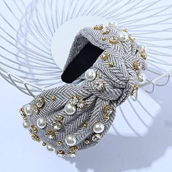 Women White Knotted Grey Jeweled Headband Embellished Top Hairband ladies Twist Bohemian Hair acc... | Amazon (US)