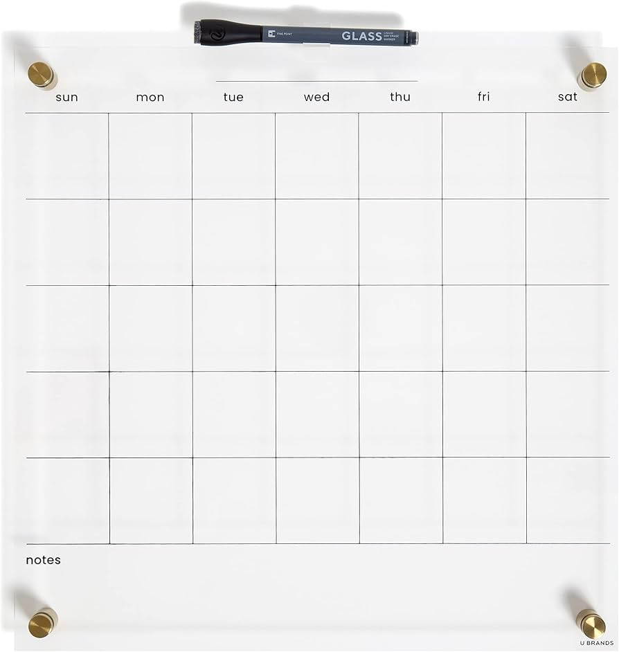 U Brands Acrylic Monthly Dry Erase Calendar, Clear with Gold Finish Hardware, 16” x 16” | Amazon (US)