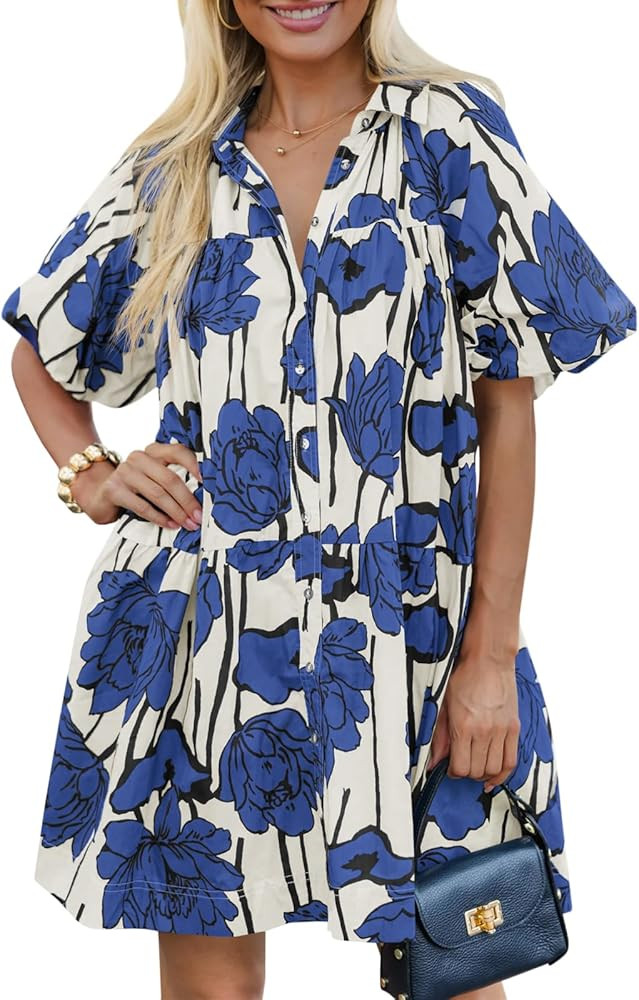 Wenrine Women's Summer Button Down Shirt Dress Floral Puff Short Sleeve Casual Loose Fit Beach Mi... | Amazon (US)