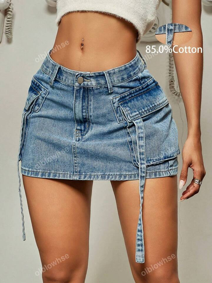Y2K Street Flap Pocket Tape Detail Cargo Denim Mini Skirt Summer Hottie Outfit | SHEIN