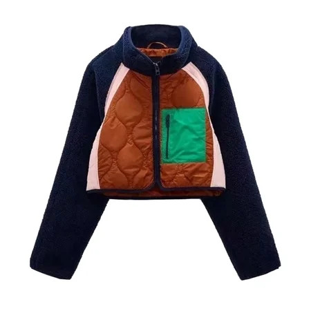 Juosiy Womens Retro Streetwear Fleece Cropped Jacket Stand Neck Zip Up Long Sleeve Casual Winter Warm Patchwork Outwear | Walmart (US)