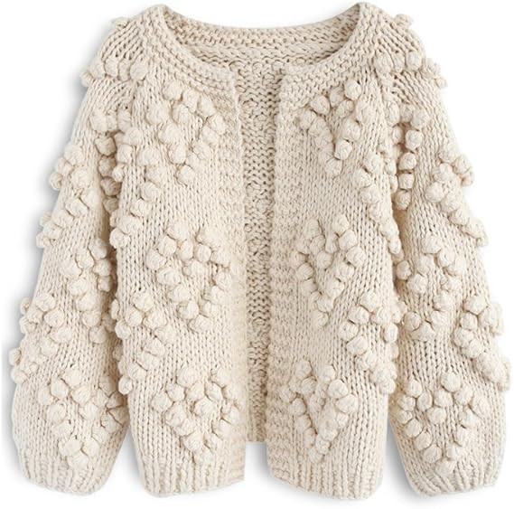 CHICWISH Women's Soft Heart Shape Balls Hand Knit Open Front Hot Pink/Ivory/Lavender/Pink/Army Gr... | Amazon (US)