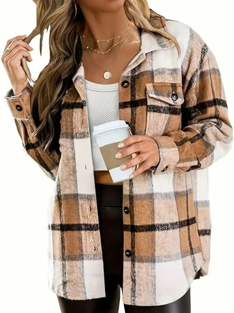 Women's Plaid Drop Shoulder Long Sleeve Utility Pocket Shirt, Autumn,Long Sleeve Tops | SHEIN