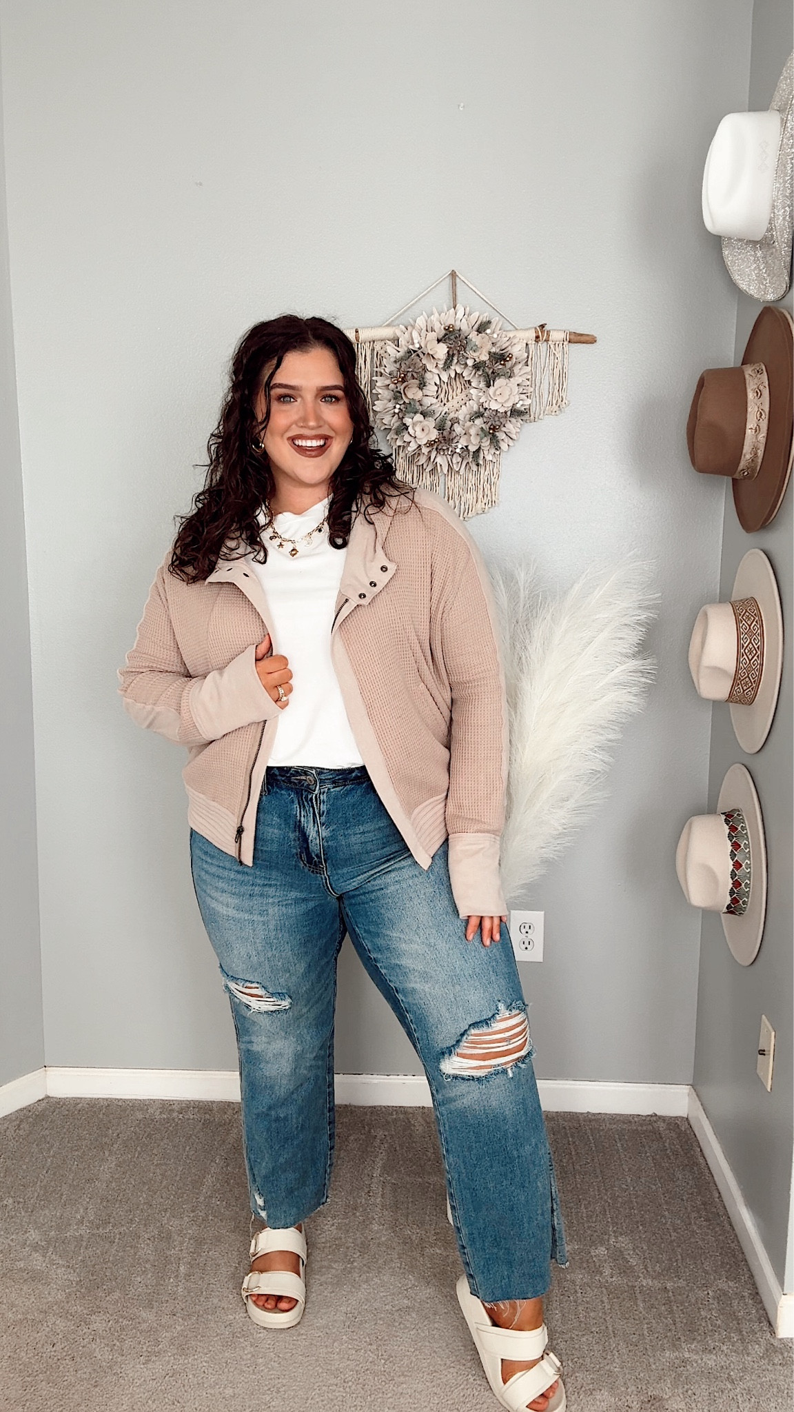 Cozy casual neutral Spring transition outfit 🤎✨ Amazon fashion finds. Cap sleeve tshirt, waffle zip up sweatshirt, Judy blue denim + sandals. Top size XL, jacket size XL, jeans size 14 plus. 

#LTKstyletip #LTKSeasonal #LTKplussize