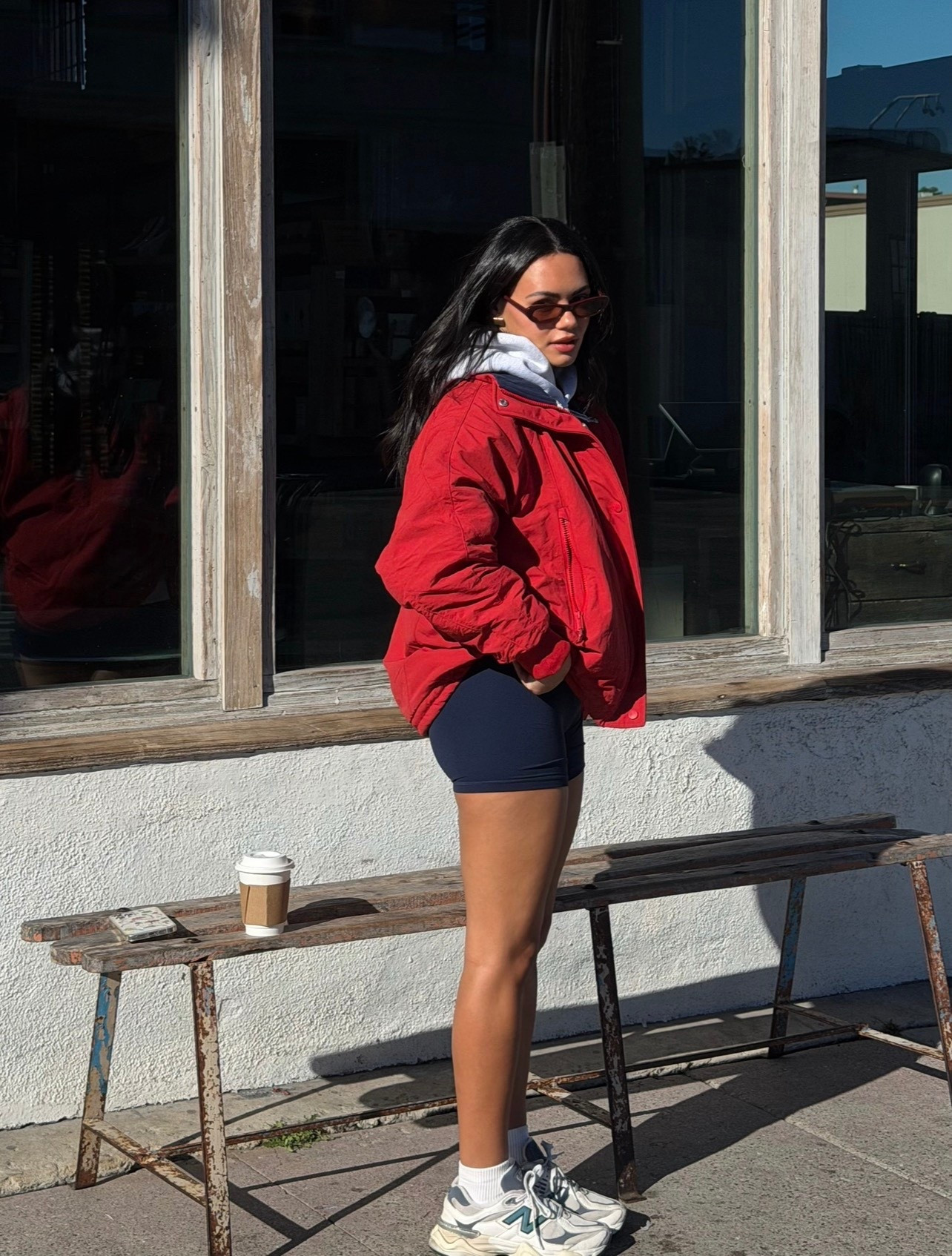 Free People red jacket + blue biker shorts and burgundy sports bra + gray hoodie

#LTKdayinmylife #LTKootd #LTKHoliday