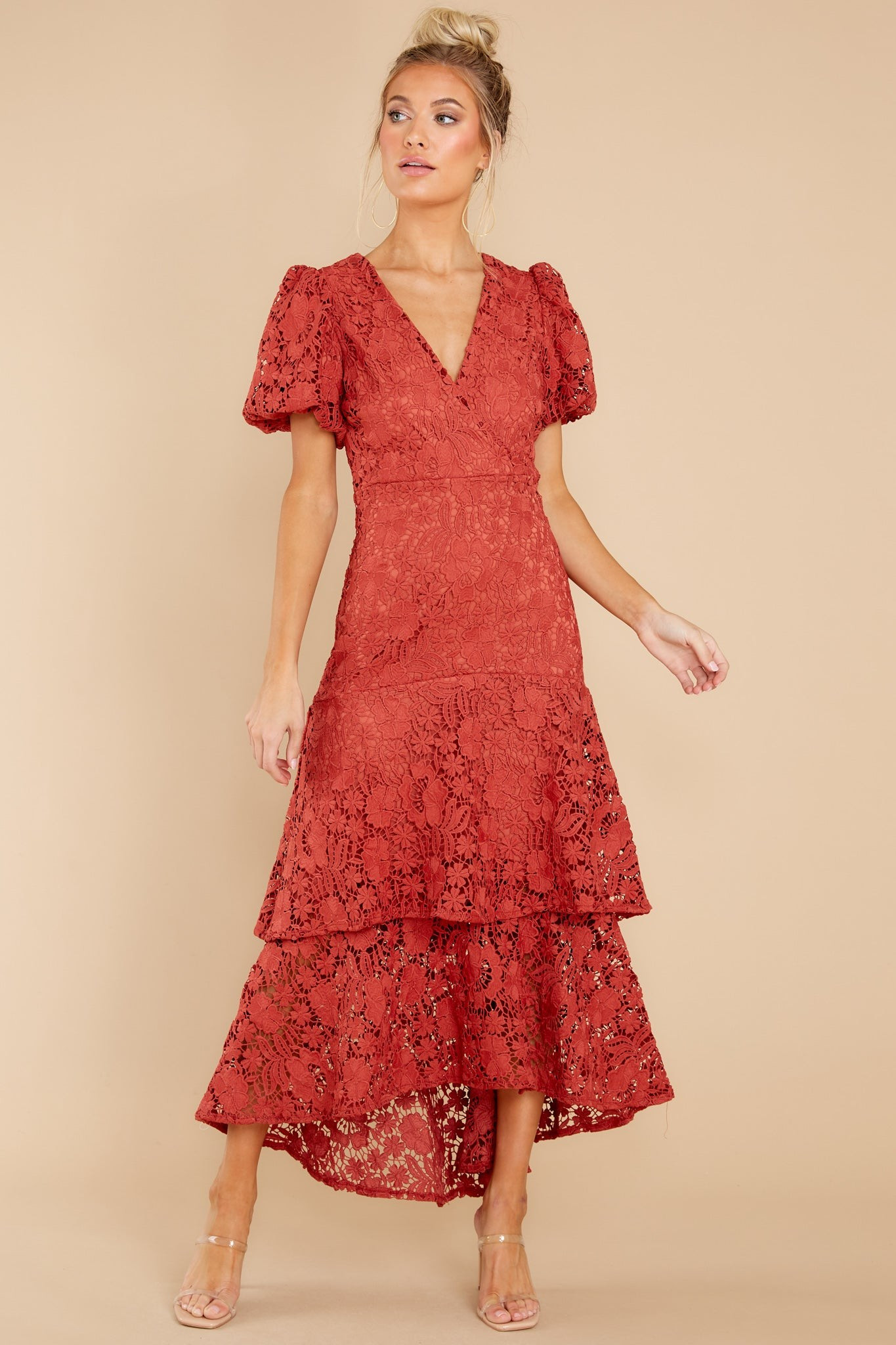 Elevated Elegance Rust Lace Midi Dress Red | Red Dress 