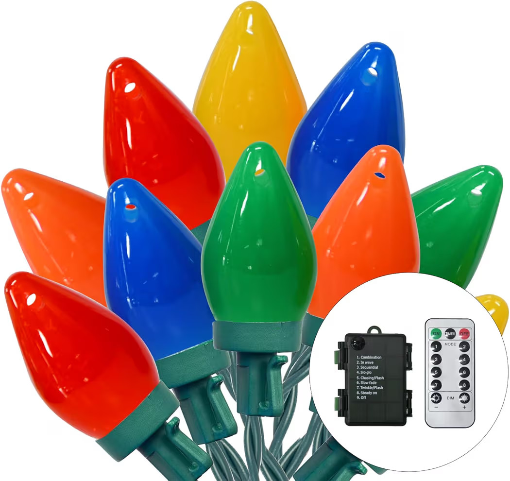 27.5Ft C7 LED Battery Operated Christmas Lights Outdoor with Timer, 8 Mode Twinkle Multicolor Chr... | Amazon (US)