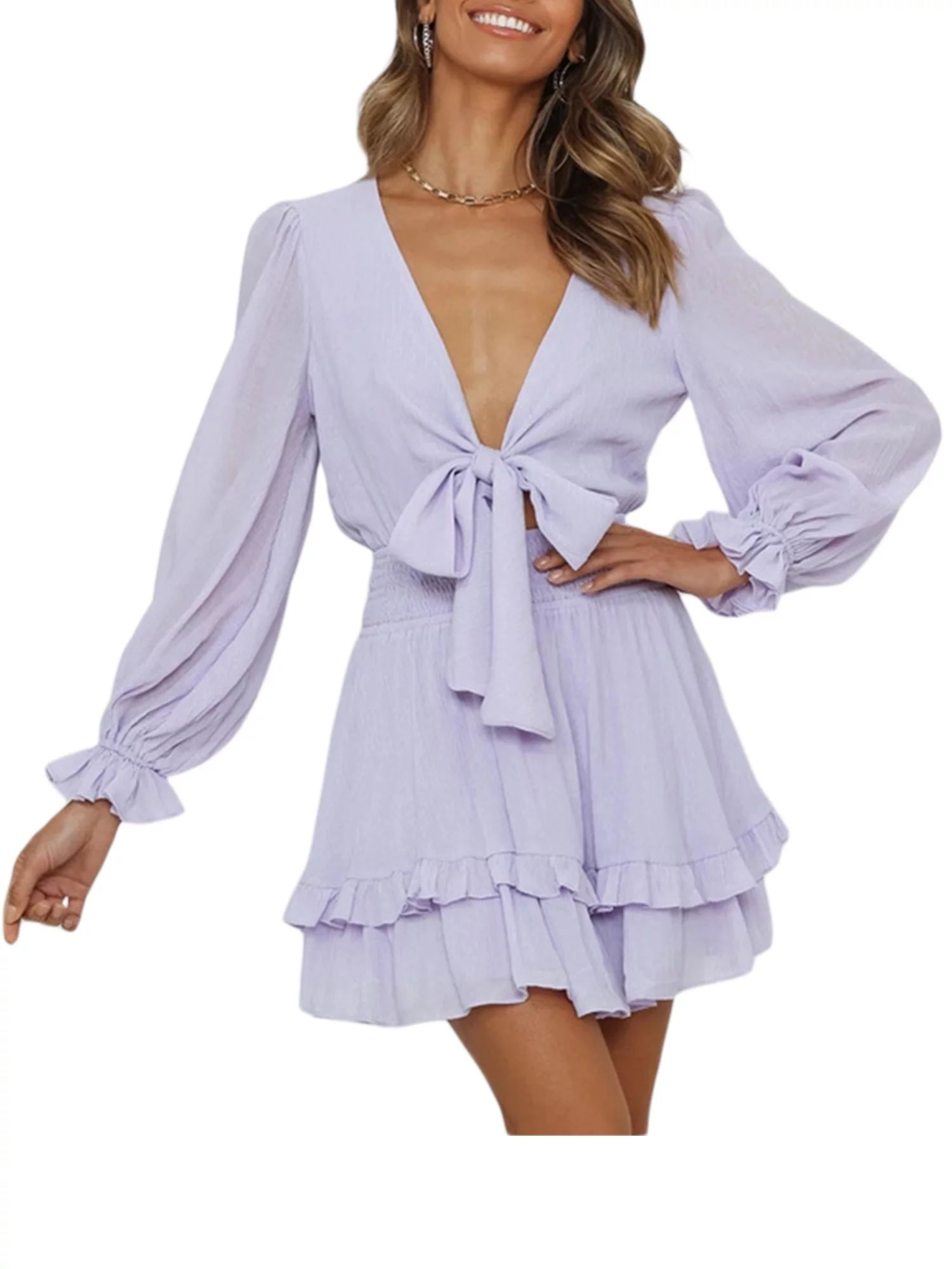 Women's Long Sleeve Dress Deep V-neck Plain Color Spring and Summer Dress High Waist S-3XL Plus S... | Walmart (US)