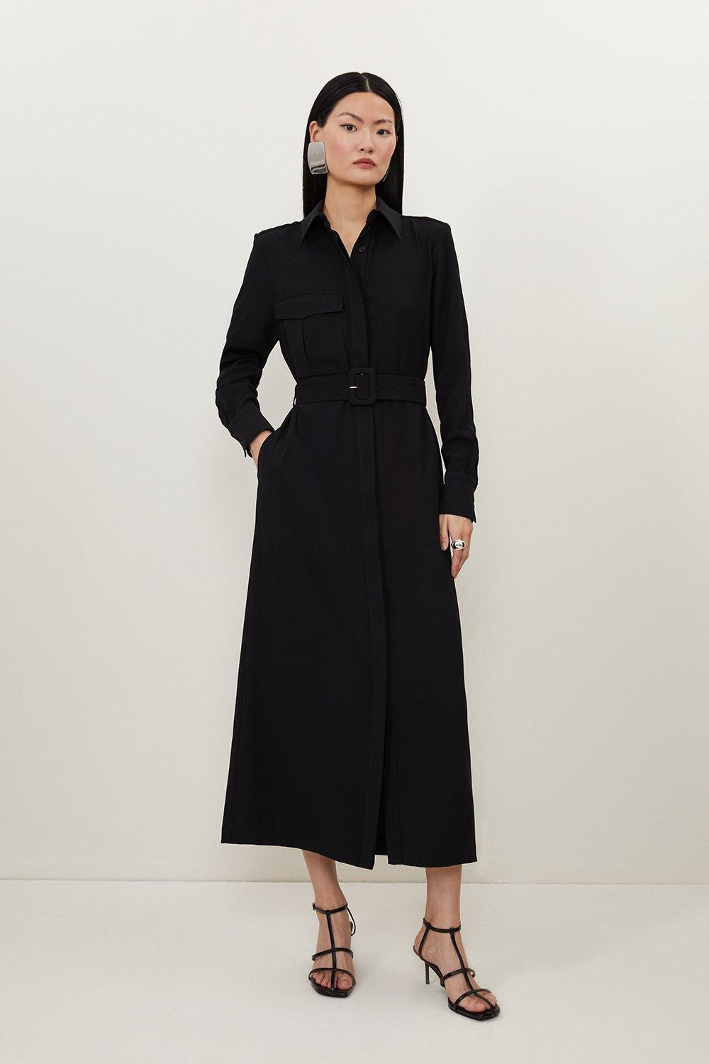 Tailored Crepe Pocket Detail Belted Midi Shirt Dress | Karen Millen US