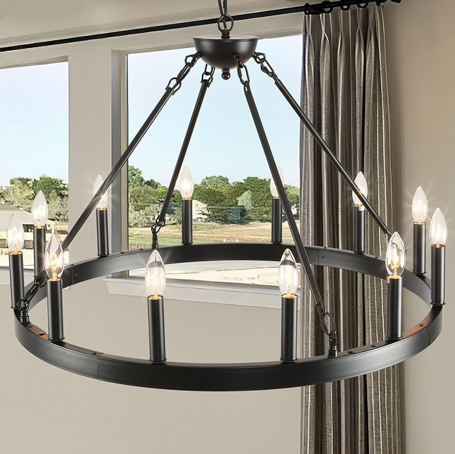 Black Wagon Wheel Chandelier 32 inch,12-Light Farmhouse Wagon Wheel Chandeliers Round Industrial ... | Amazon (US)