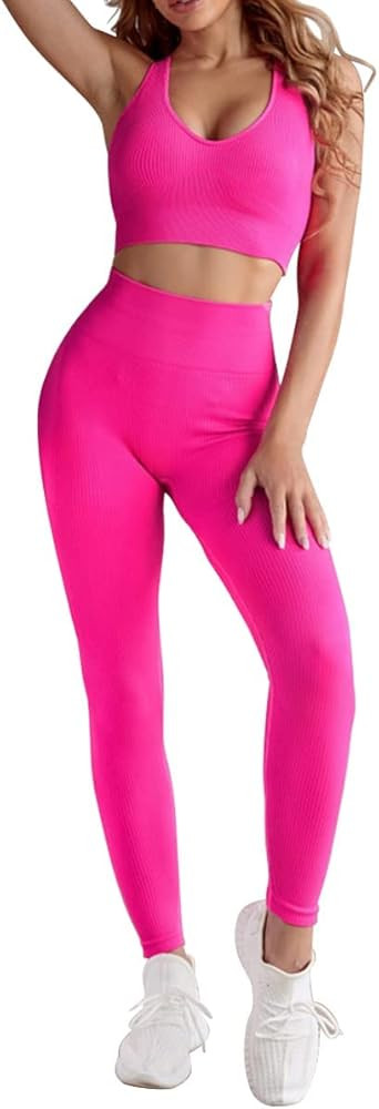 Women's Workout Sets 2 Piece Outfits Seamless Racerback Sport Bra High Waist Yoga Gym Leggings Tr... | Amazon (US)