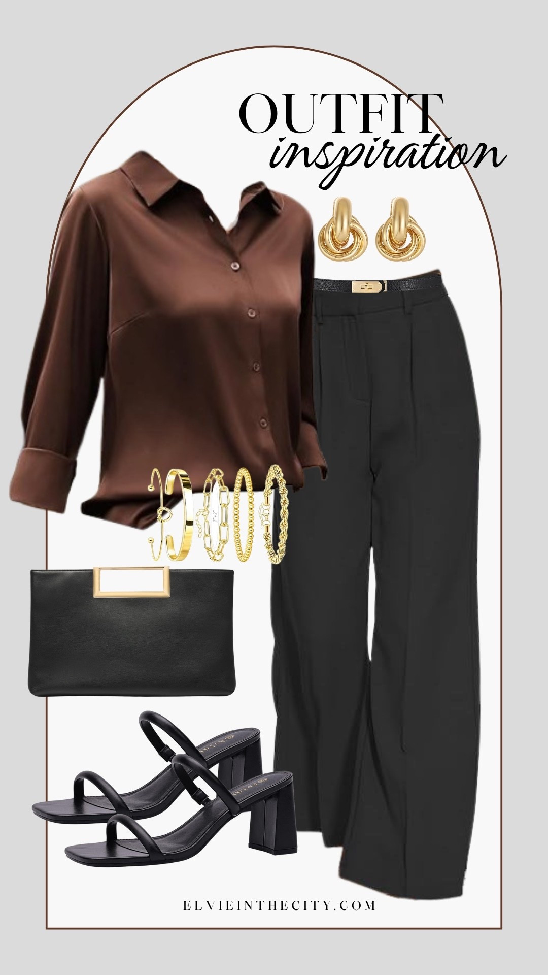 This date night outfit includes a satin chocolate brown blouse paired with black trousers, gold earrings and gold bracelet stack, strappy square heeled shoes, and a gold and black clutch.

Ootd, date night outfit, fashion over 40, over 50 style, amazon fashion, affordable fashion

#LTKootd #LTKOver40 #LTKFindsUnder50