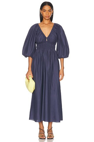 Matteau Shirred Plunge Button Dress in Dusk - Navy. Size 1 (also in 2). | FWRD 