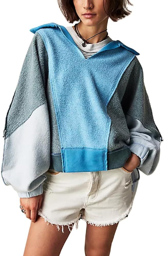 UAURORAO Women Oversized Collar Combo Sweatshirts Long Sleeve V Neck Button Shirts Tops Patchwork... | Amazon (US)
