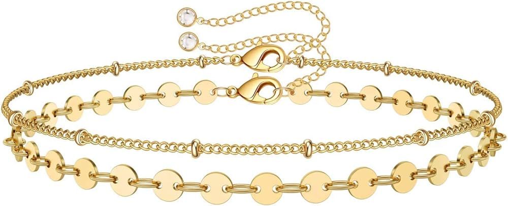 Dainty Gold Bracelets for Women, 14K Gold Filled Adjustable Layered Bracelet Cute Evil Eye Oval C... | Amazon (US)