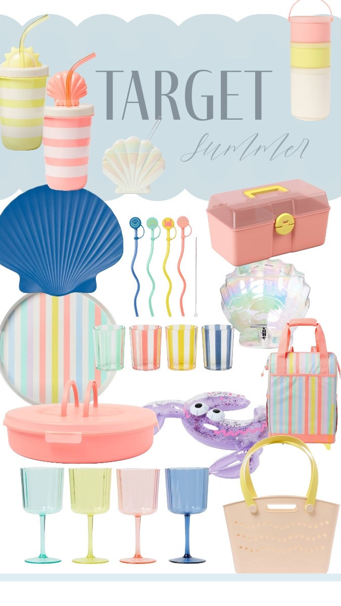 Targets new summer sun squad line is so cute! Full of pastel plastic drinkwear, acrylic wine glasses, snack boxes, seashell cups, shell beverage dispenser and coastal cute pool finds 

#LTKParties #LTKFindsUnder50 #LTKHome