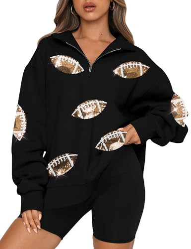 MAXIMGR Womens Sequin Football Sweatshirt Game Day Graphic 1/4 Zip Shirts Sunday Funday Pullover Casual Long Sleeve Tops Black | Amazon (US)